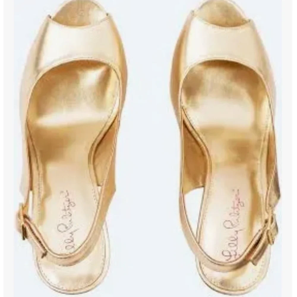 Lilly Pulitzer Kristen Gold Metallic Leather Wedge Espadrilles | Women’s Size 10